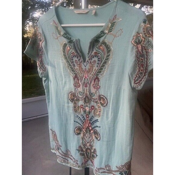 Soft Surroundings Belcaro Embroidered Beaded Short Sleeved Aqua Blue Tunic XS - Picture 2 of 7